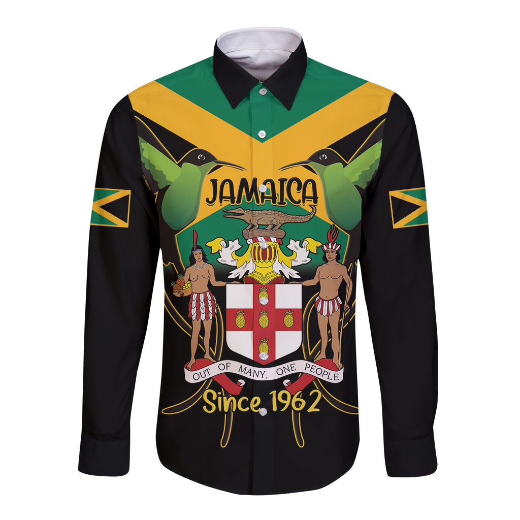 Jamaica Independence Day Long Sleeve Button Shirt Jumieka Coat Of Arms Mix Hummingbird - Wonder Print Shop