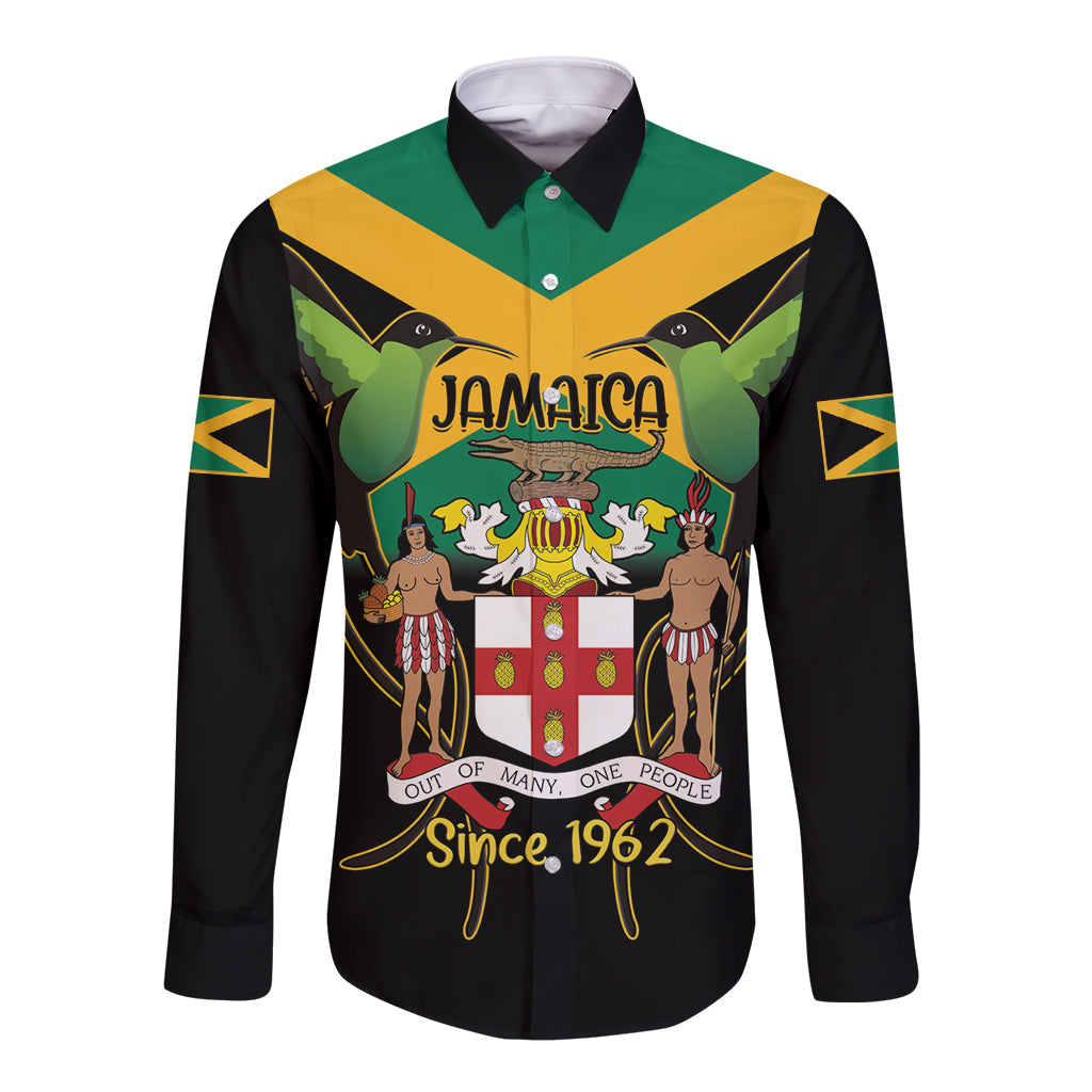 Jamaica Independence Day Long Sleeve Button Shirt Jumieka Coat Of Arms Mix Hummingbird