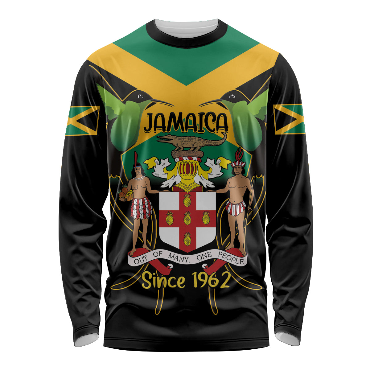 Jamaica Independence Day Long Sleeve Shirt Jumieka Coat Of Arms Mix Hummingbird - Wonder Print Shop