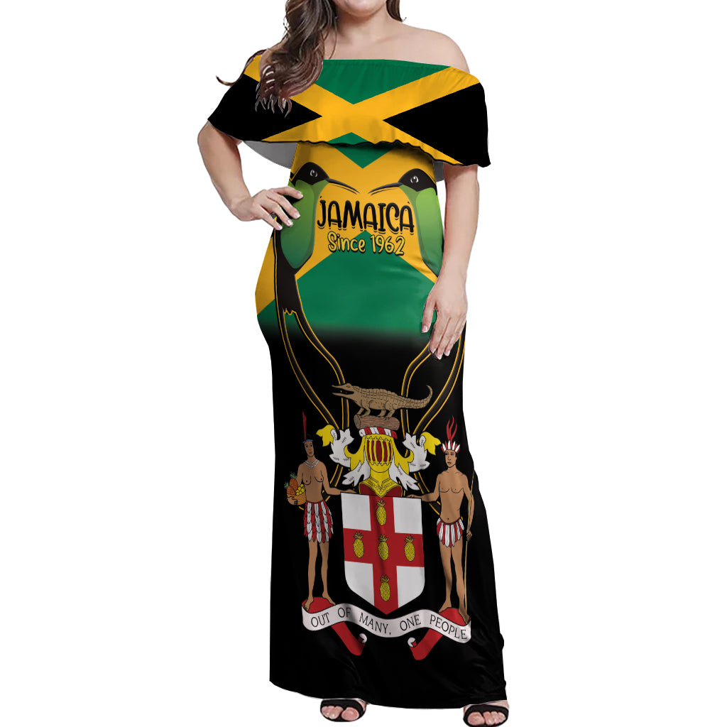 Jamaica Independence Day Off Shoulder Maxi Dress Jumieka Coat Of Arms Mix Hummingbird