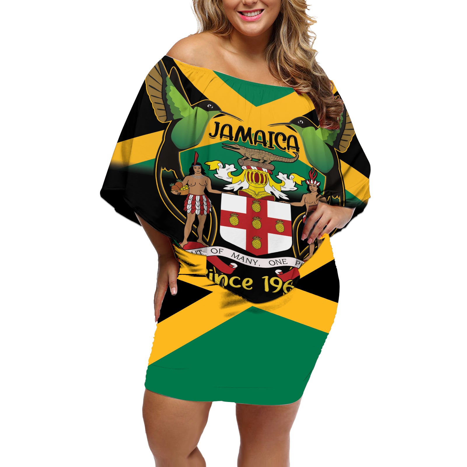 Jamaica Independence Day Off Shoulder Short Dress Jumieka Coat Of Arms Mix Hummingbird