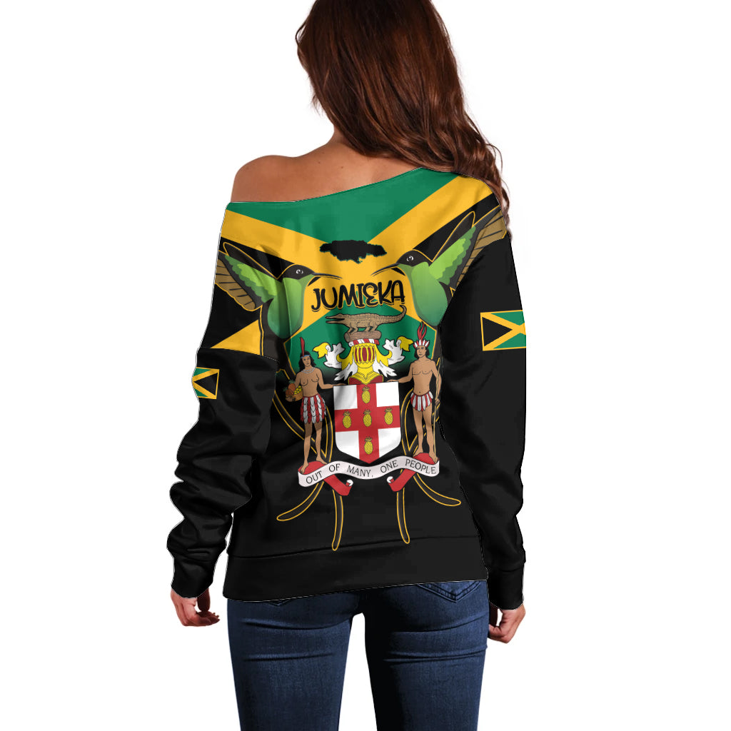 Jamaica Independence Day Off Shoulder Sweater Jumieka Coat Of Arms Mix Hummingbird - Wonder Print Shop