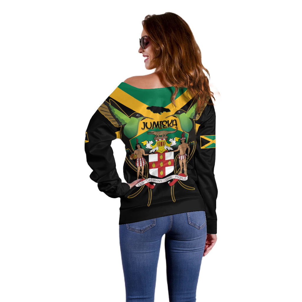 Jamaica Independence Day Off Shoulder Sweater Jumieka Coat Of Arms Mix Hummingbird - Wonder Print Shop