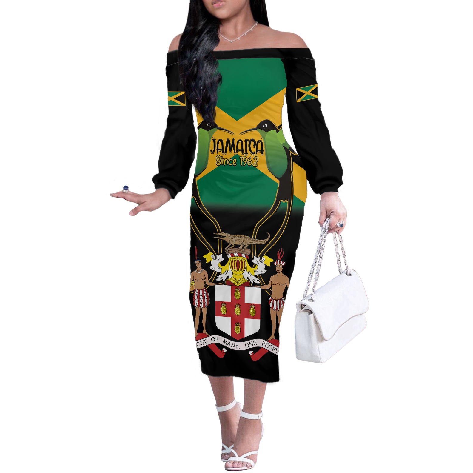 Jamaica Independence Day Off The Shoulder Long Sleeve Dress Jumieka Coat Of Arms Mix Hummingbird