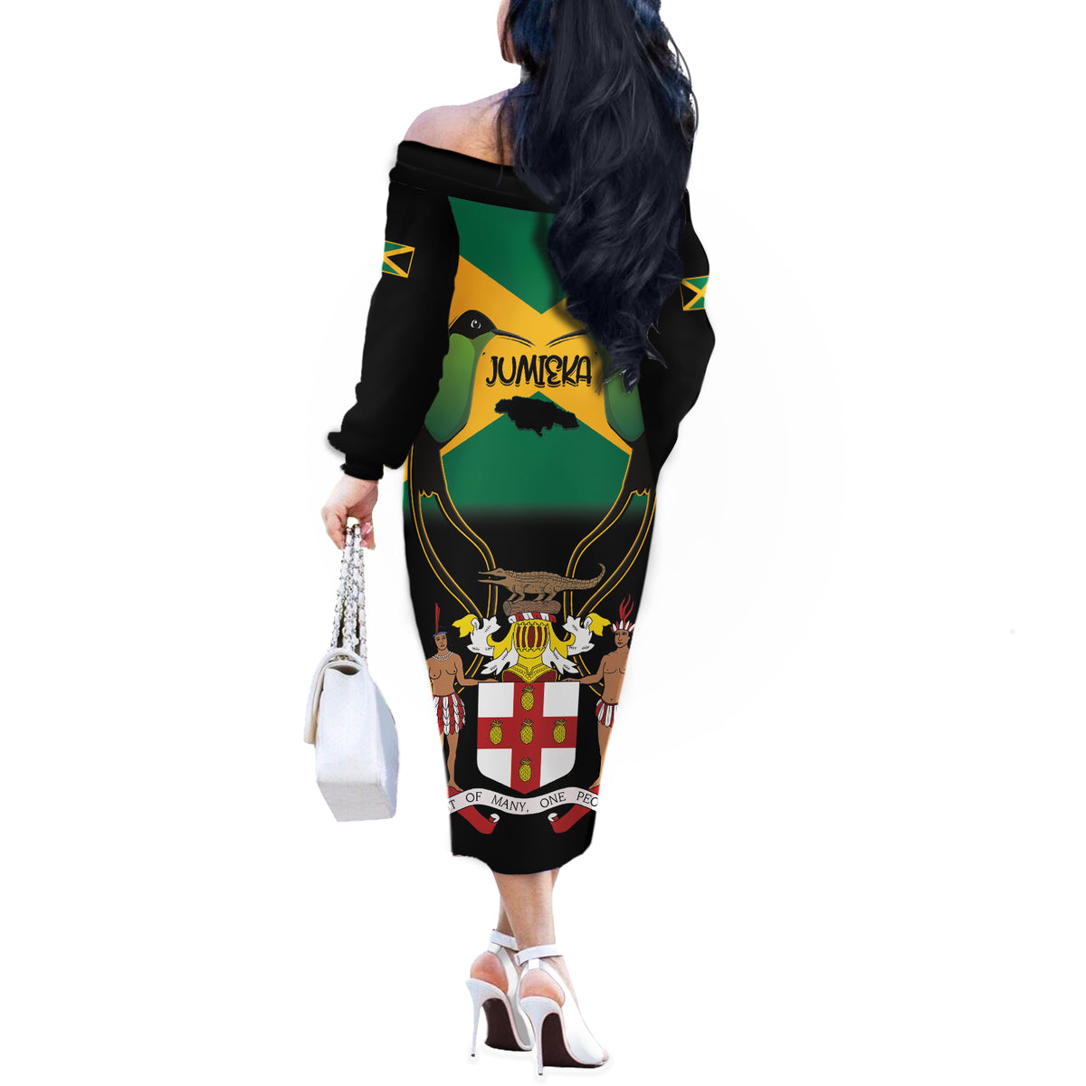 Jamaica Independence Day Off The Shoulder Long Sleeve Dress Jumieka Coat Of Arms Mix Hummingbird - Wonder Print Shop
