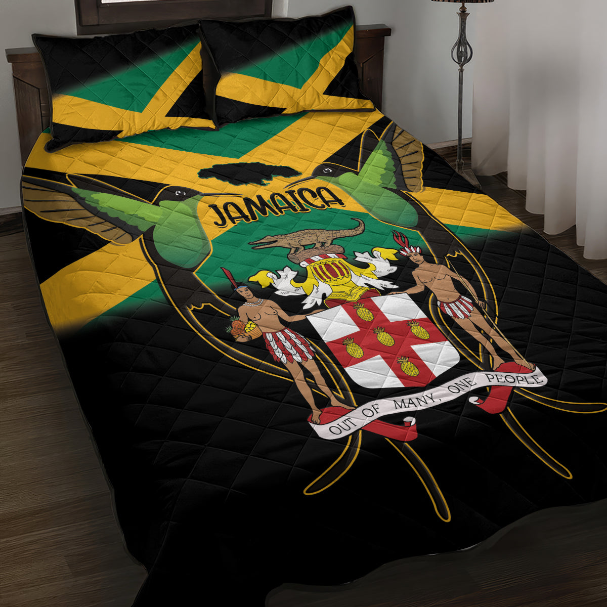 Jamaica Independence Day Quilt Bed Set Jumieka Coat Of Arms Mix Hummingbird - Wonder Print Shop