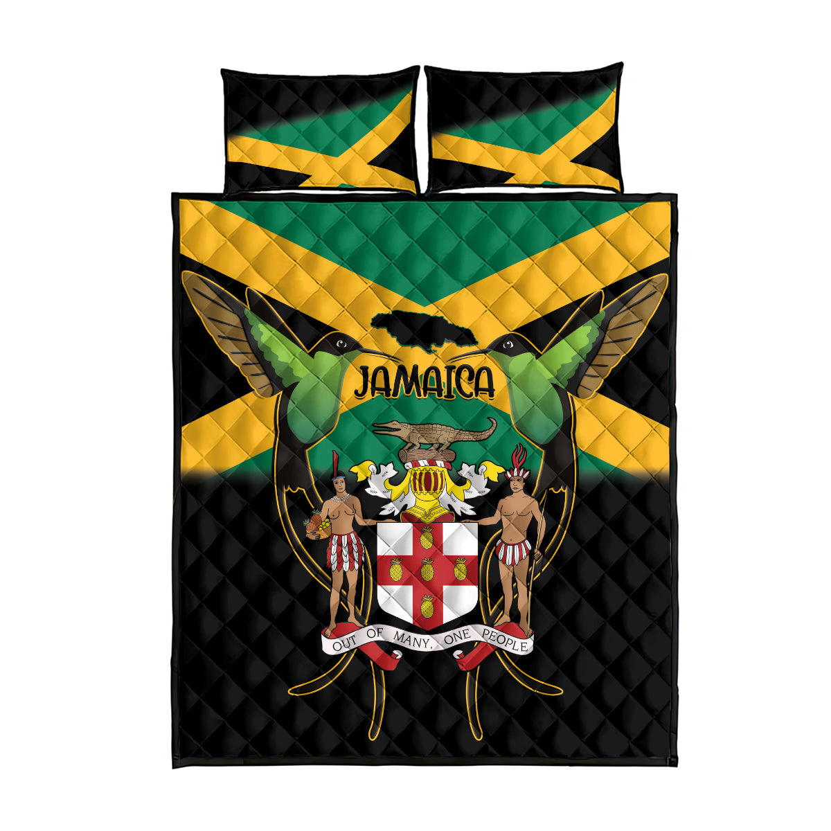 Jamaica Independence Day Quilt Bed Set Jumieka Coat Of Arms Mix Hummingbird - Wonder Print Shop