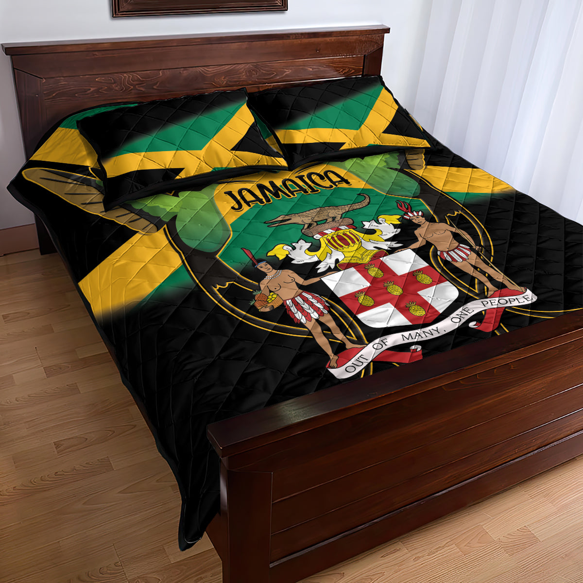 Jamaica Independence Day Quilt Bed Set Jumieka Coat Of Arms Mix Hummingbird - Wonder Print Shop