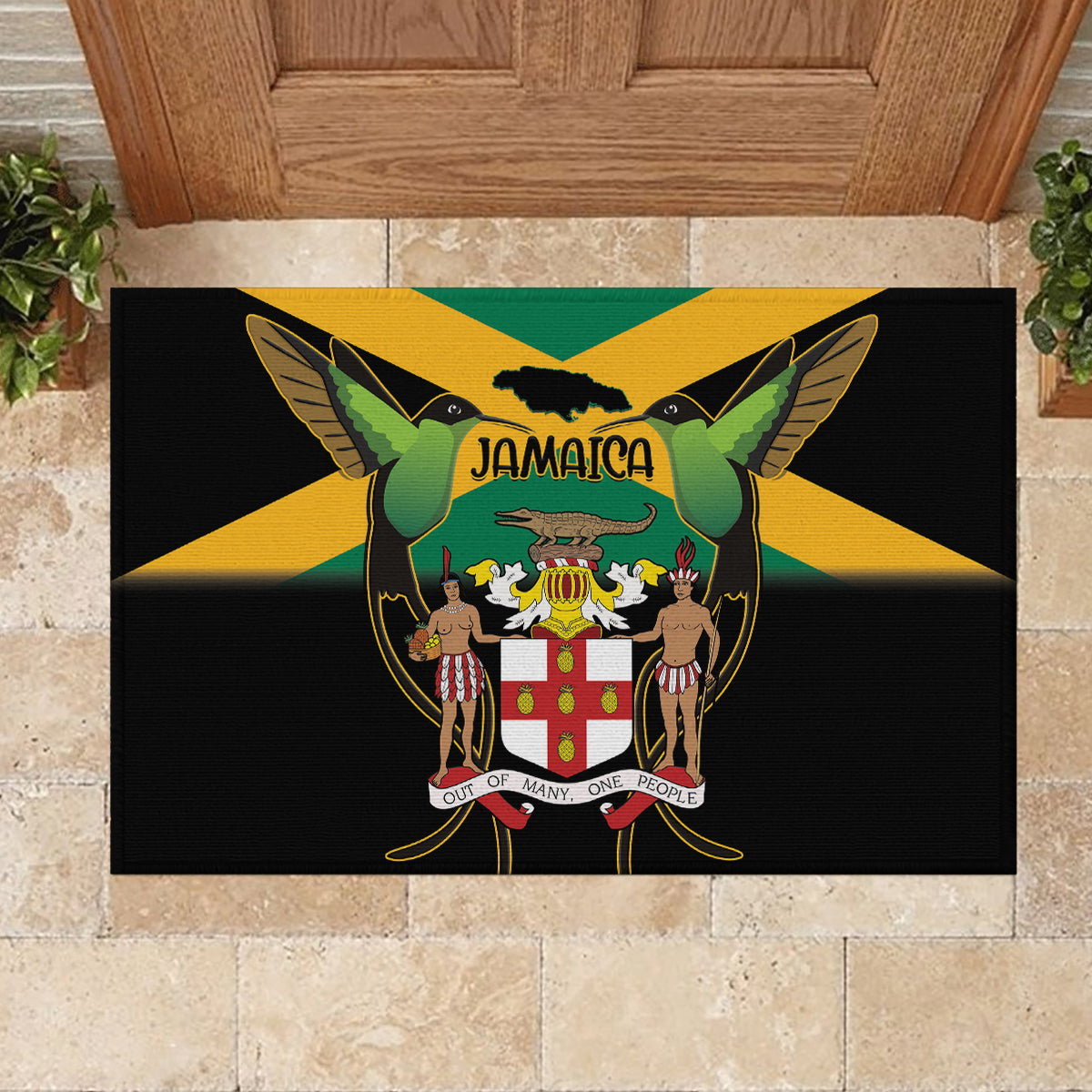 Jamaica Independence Day Rubber Doormat Jumieka Coat Of Arms Mix Hummingbird - Wonder Print Shop