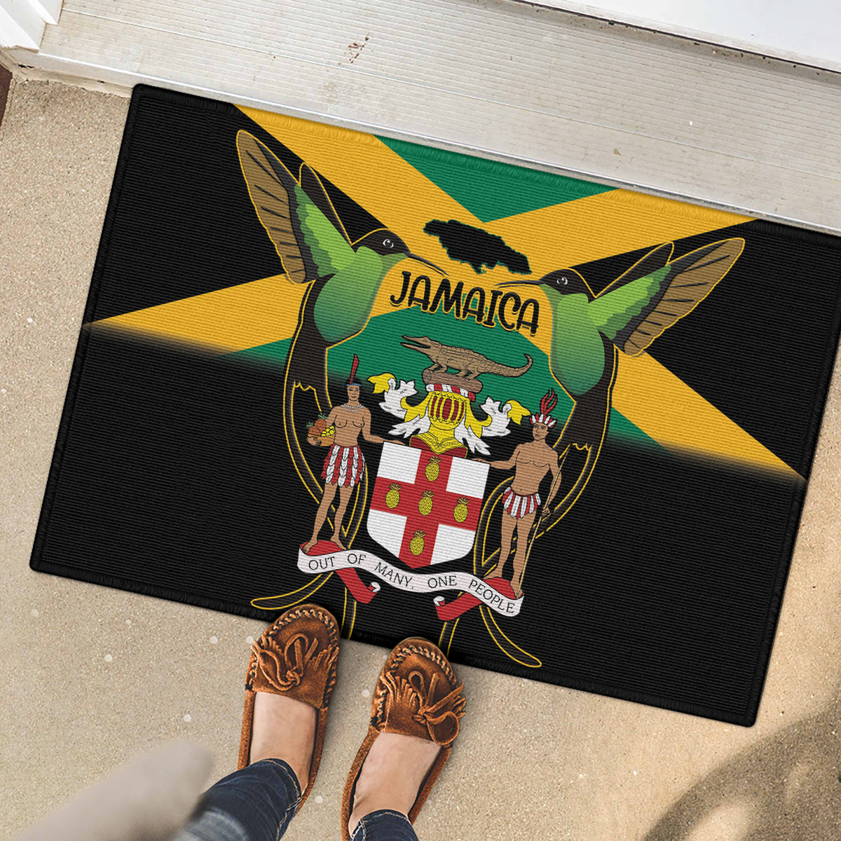 Jamaica Independence Day Rubber Doormat Jumieka Coat Of Arms Mix Hummingbird - Wonder Print Shop