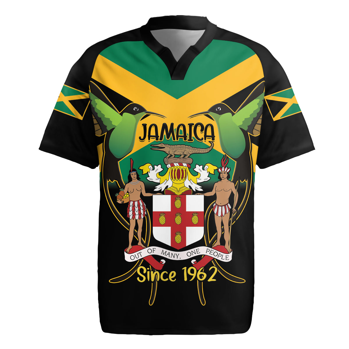 Jamaica Independence Day Rugby Jersey Jumieka Coat Of Arms Mix Hummingbird - Wonder Print Shop