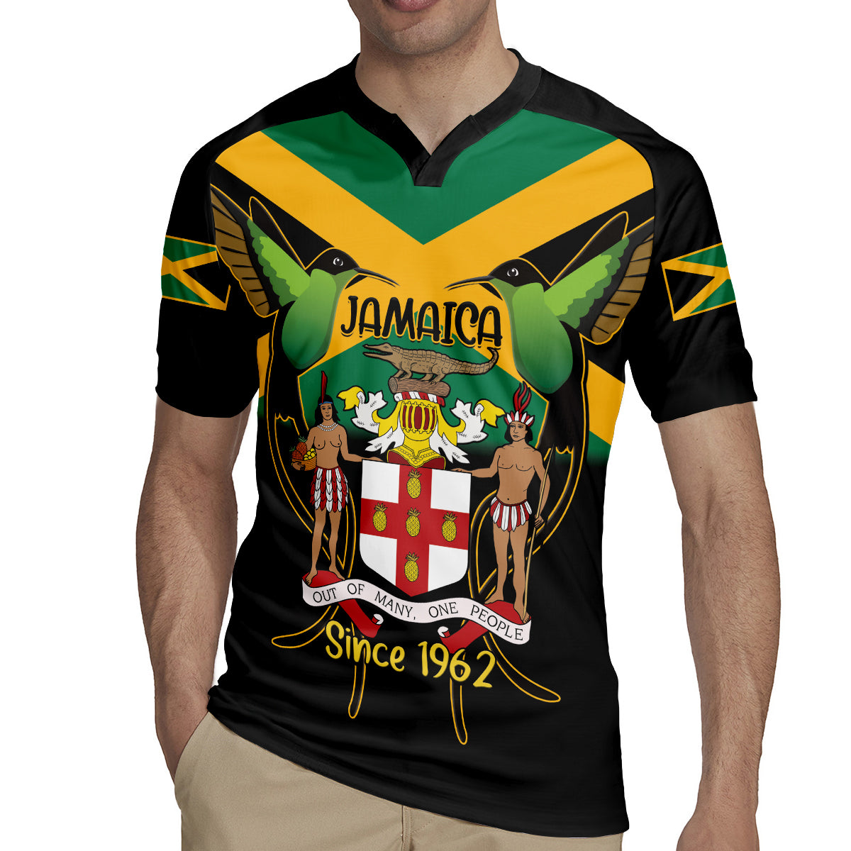 Jamaica Independence Day Rugby Jersey Jumieka Coat Of Arms Mix Hummingbird - Wonder Print Shop