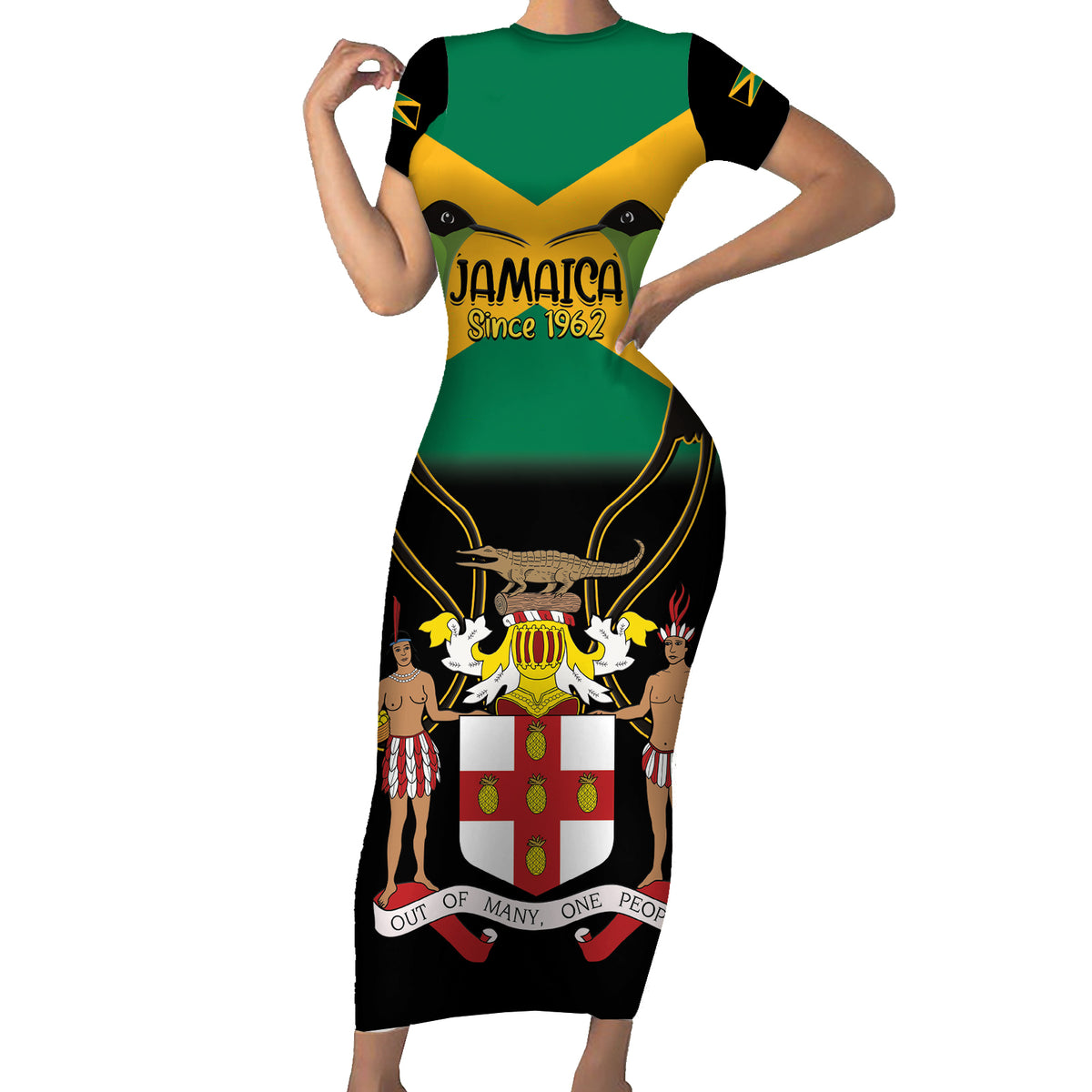 Jamaica Independence Day Short Sleeve Bodycon Dress Jumieka Coat Of Arms Mix Hummingbird - Wonder Print Shop