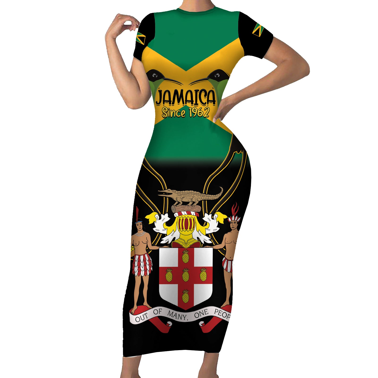 Jamaica Independence Day Short Sleeve Bodycon Dress Jumieka Coat Of Arms Mix Hummingbird