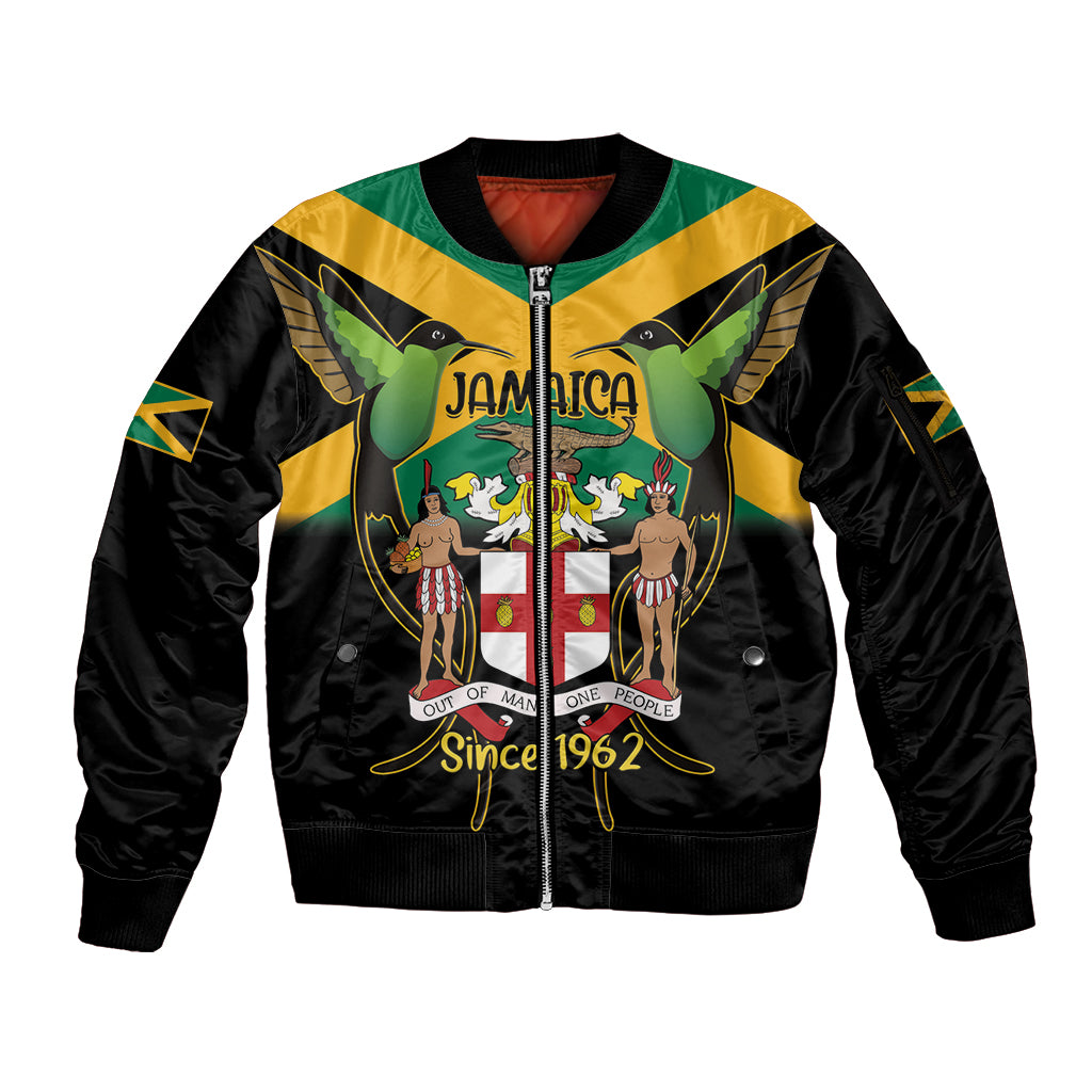 Jamaica Independence Day Sleeve Zip Bomber Jacket Jumieka Coat Of Arms Mix Hummingbird - Wonder Print Shop