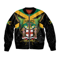 Jamaica Independence Day Sleeve Zip Bomber Jacket Jumieka Coat Of Arms Mix Hummingbird - Wonder Print Shop