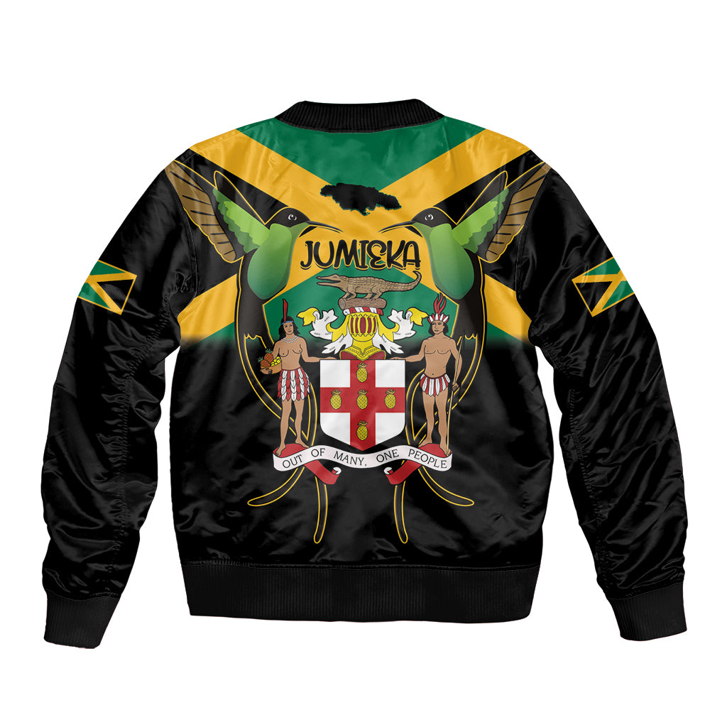 Jamaica Independence Day Sleeve Zip Bomber Jacket Jumieka Coat Of Arms Mix Hummingbird - Wonder Print Shop