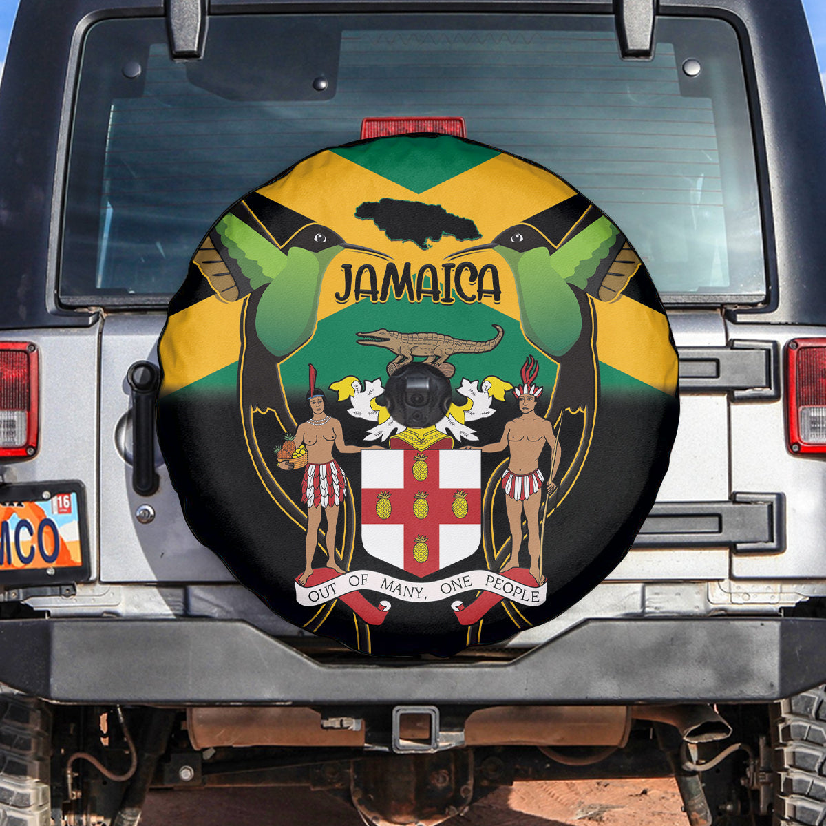 Jamaica Independence Day Spare Tire Cover Jumieka Coat Of Arms Mix Hummingbird - Wonder Print Shop