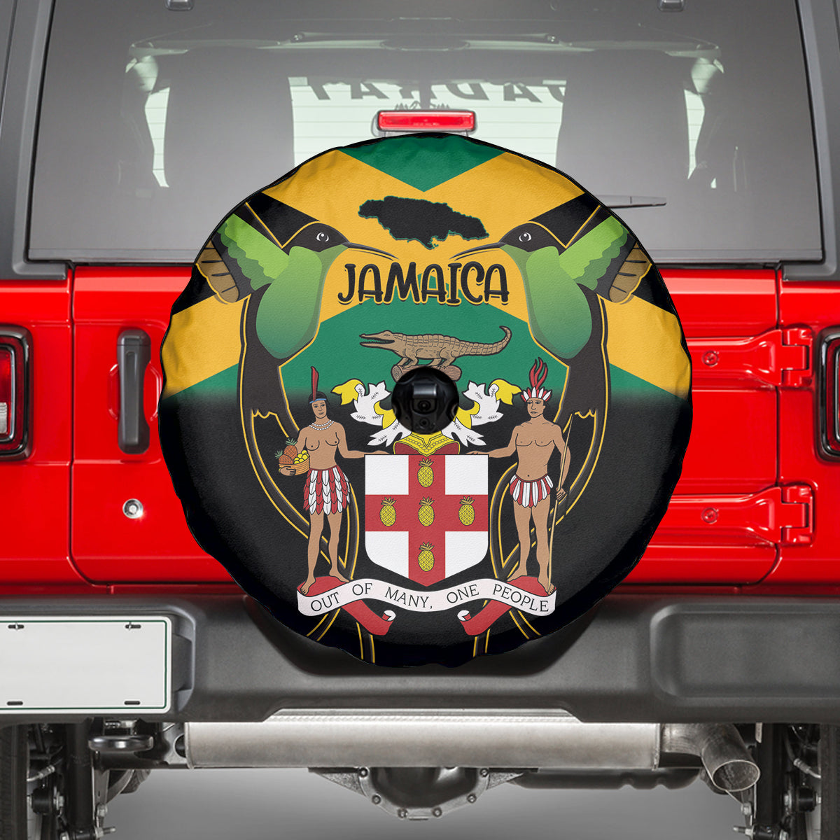Jamaica Independence Day Spare Tire Cover Jumieka Coat Of Arms Mix Hummingbird - Wonder Print Shop