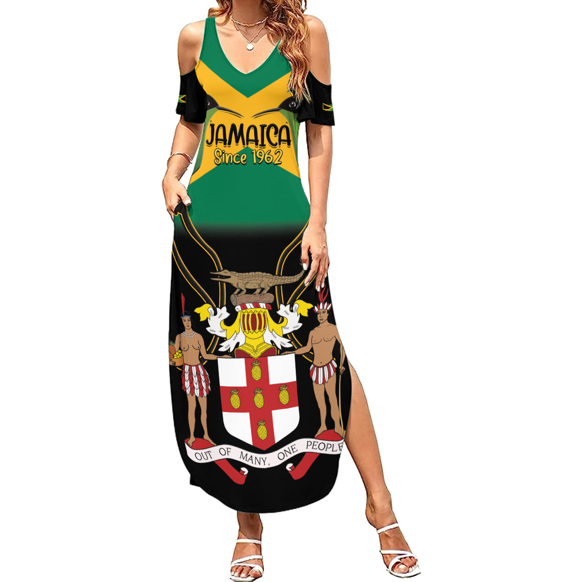 Jamaica Independence Day Summer Maxi Dress Jumieka Coat Of Arms Mix Hummingbird - Wonder Print Shop