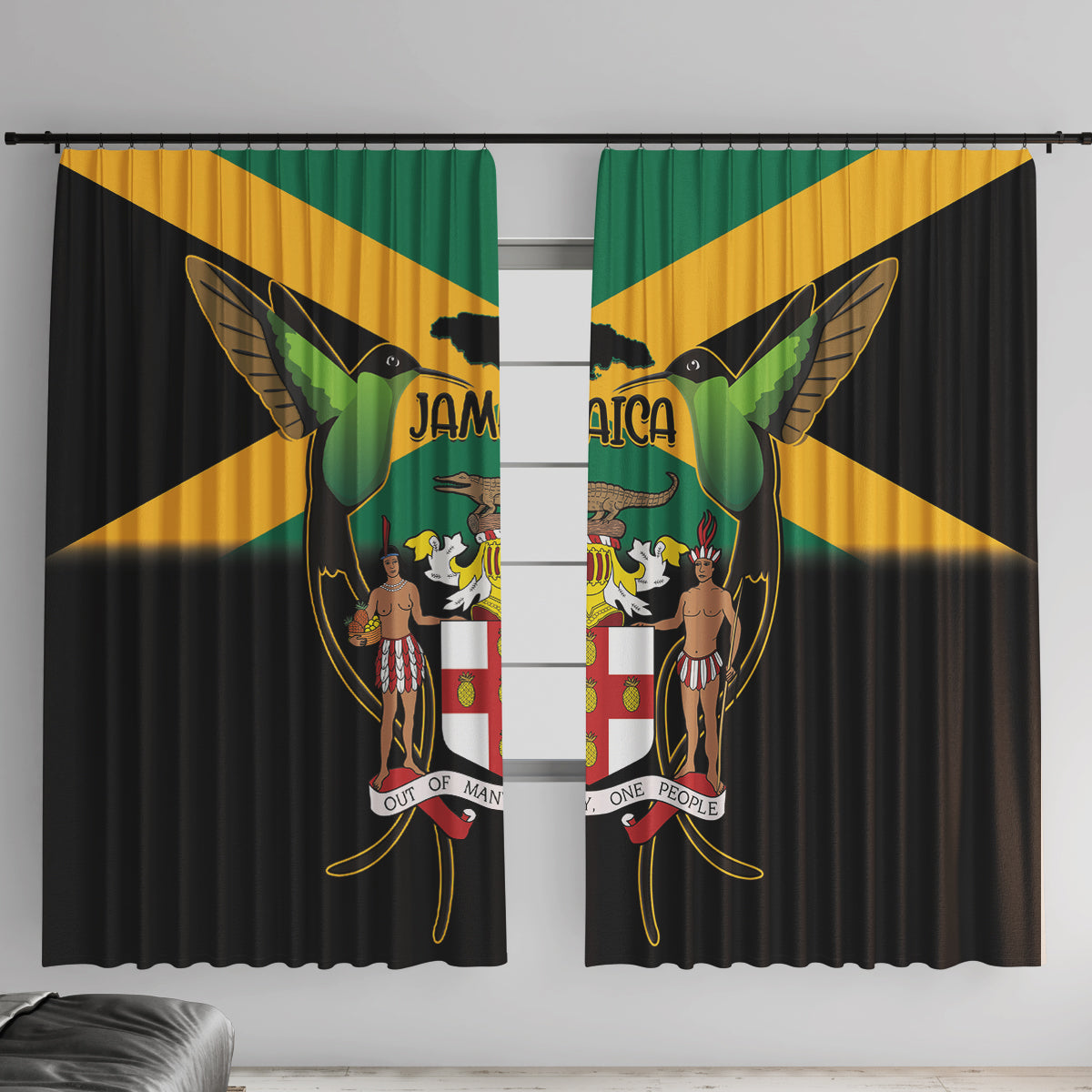 Jamaica Independence Day Window Curtain Jumieka Coat Of Arms Mix Hummingbird - Wonder Print Shop
