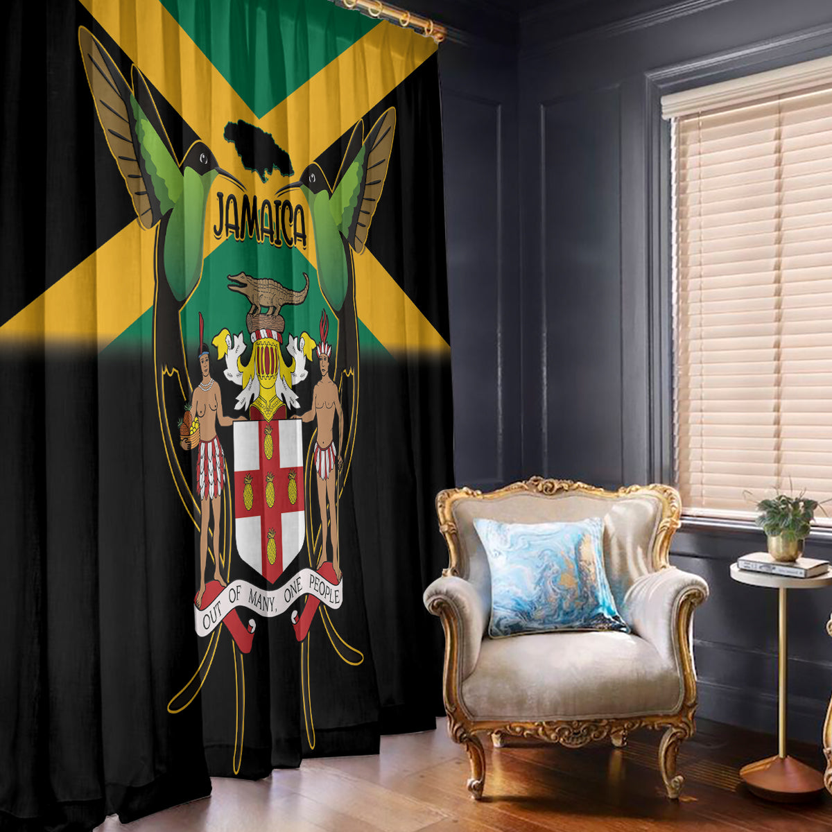 Jamaica Independence Day Window Curtain Jumieka Coat Of Arms Mix Hummingbird - Wonder Print Shop