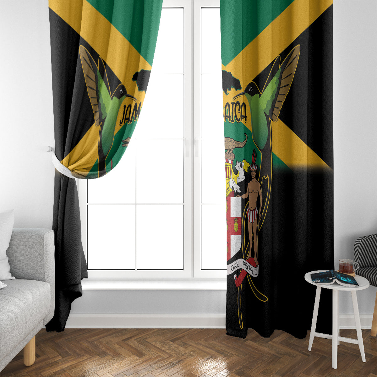 Jamaica Independence Day Window Curtain Jumieka Coat Of Arms Mix Hummingbird - Wonder Print Shop