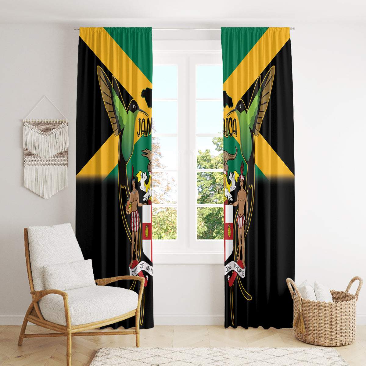 Jamaica Independence Day Window Curtain Jumieka Coat Of Arms Mix Hummingbird - Wonder Print Shop