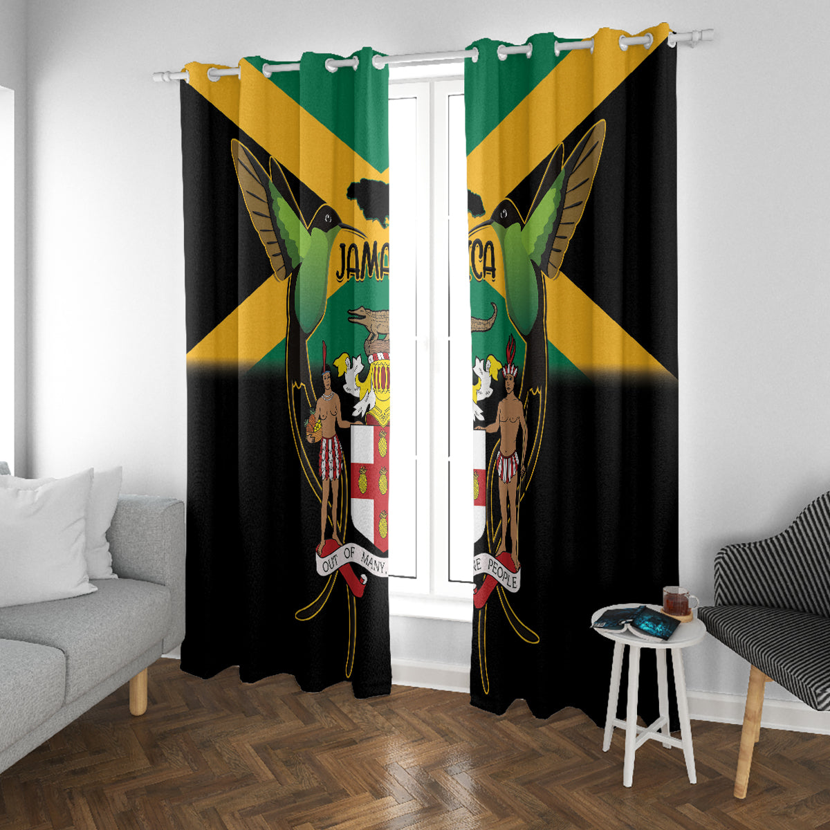 Jamaica Independence Day Window Curtain Jumieka Coat Of Arms Mix Hummingbird - Wonder Print Shop
