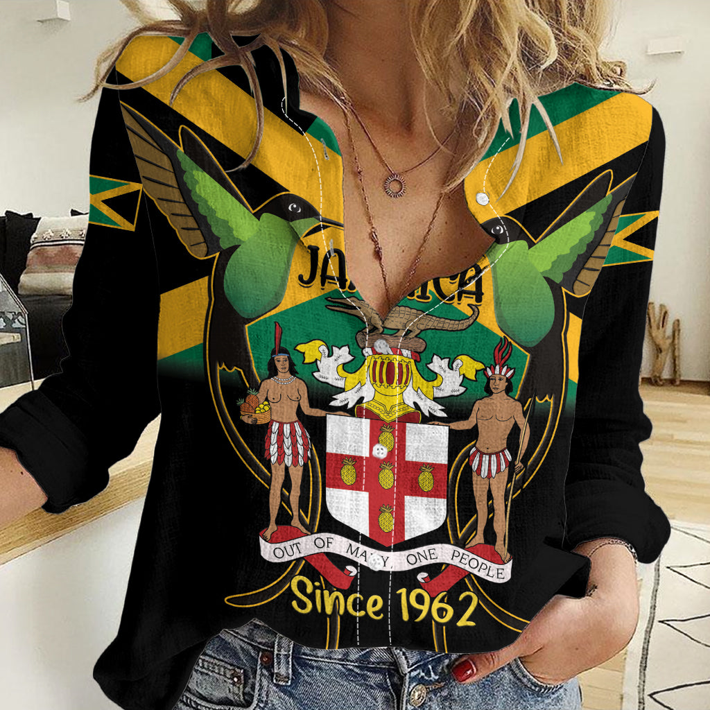 Jamaica Independence Day Women Casual Shirt Jumieka Coat Of Arms Mix Hummingbird
