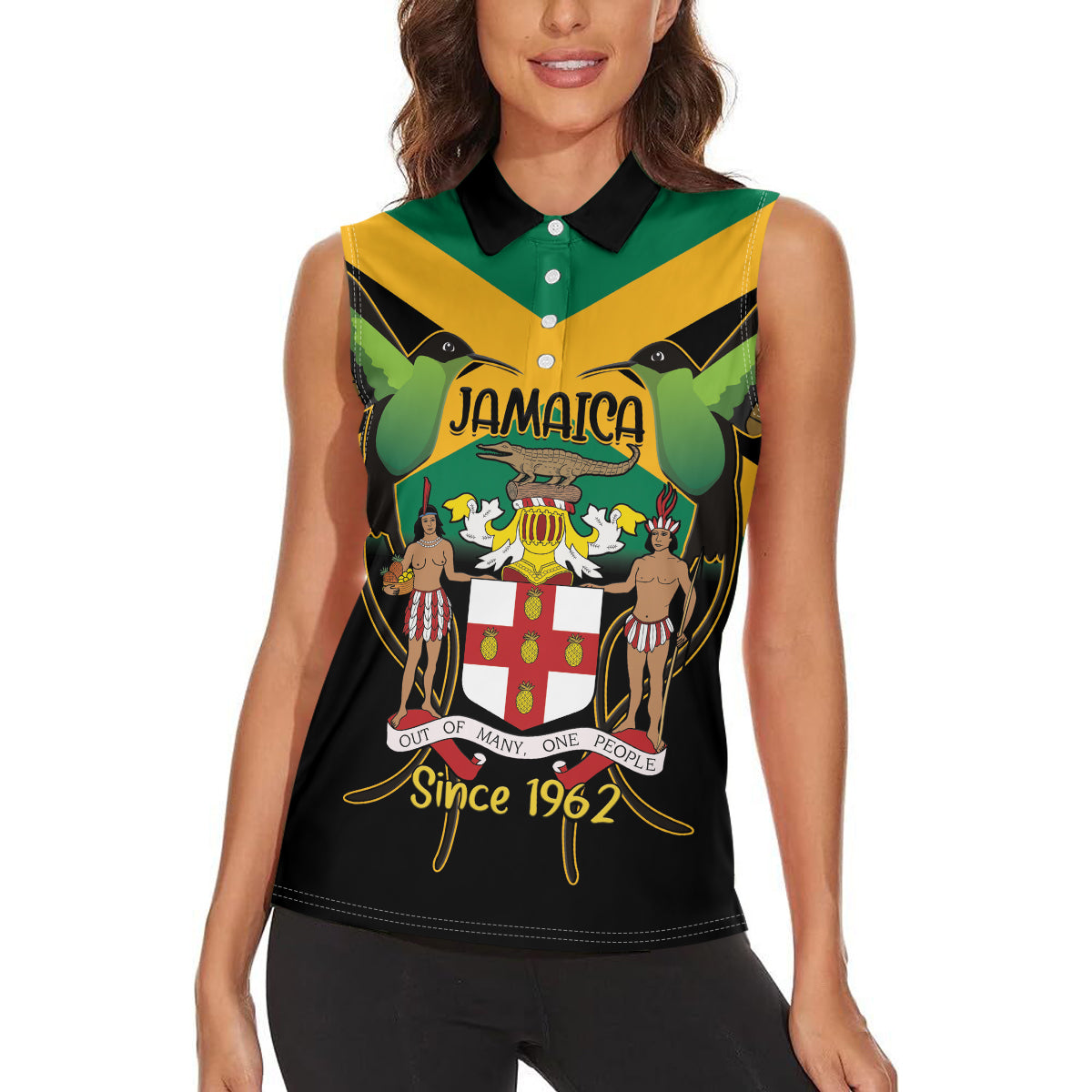 Jamaica Independence Day Women Sleeveless Polo Shirt Jumieka Coat Of Arms Mix Hummingbird - Wonder Print Shop