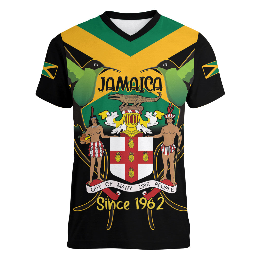 Jamaica Independence Day Women V-Neck T-Shirt Jumieka Coat Of Arms Mix Hummingbird