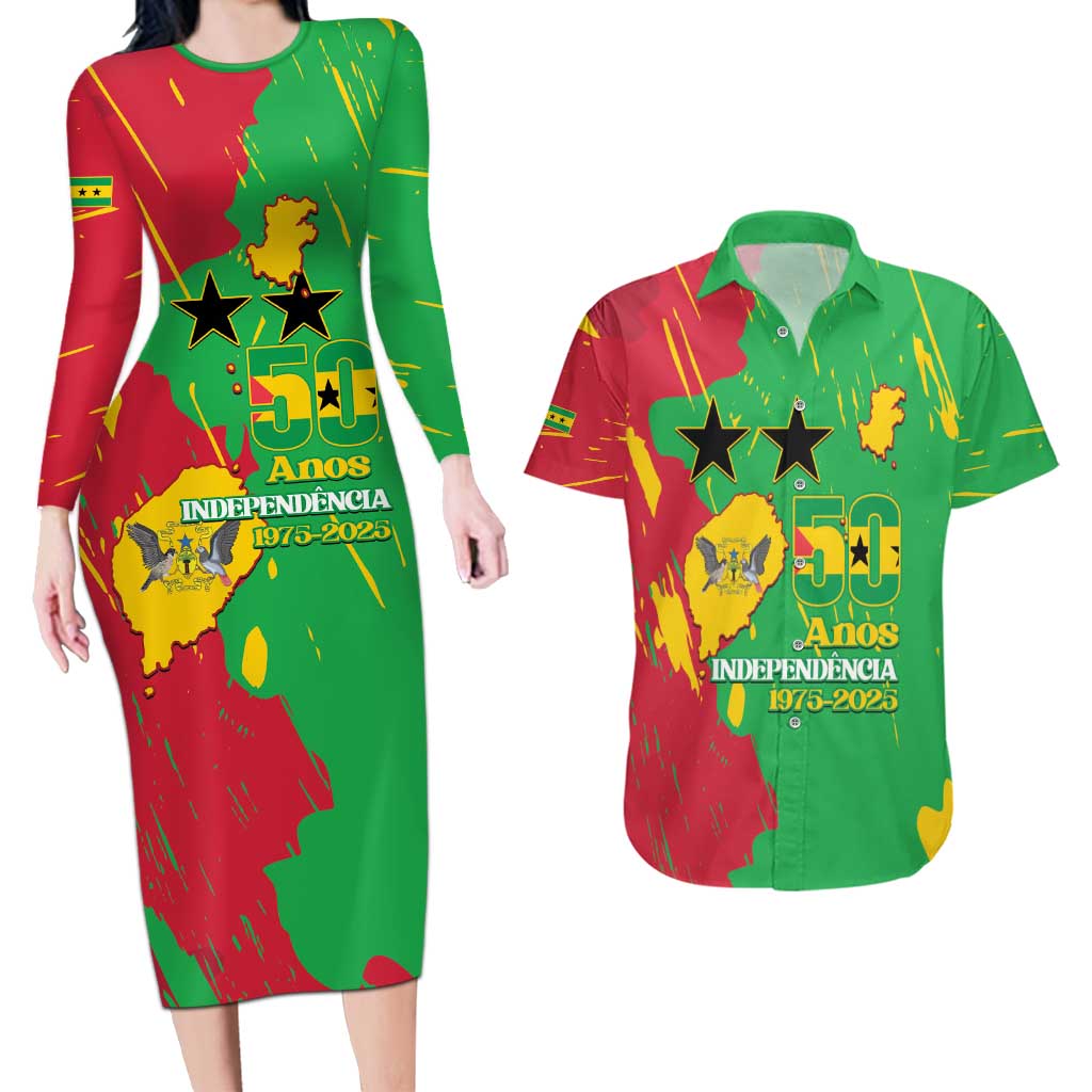 Sao Tome and Principe Independence Day Couples Matching Long Sleeve Bodycon Dress and Hawaiian Shirt 50 Anos Independencia