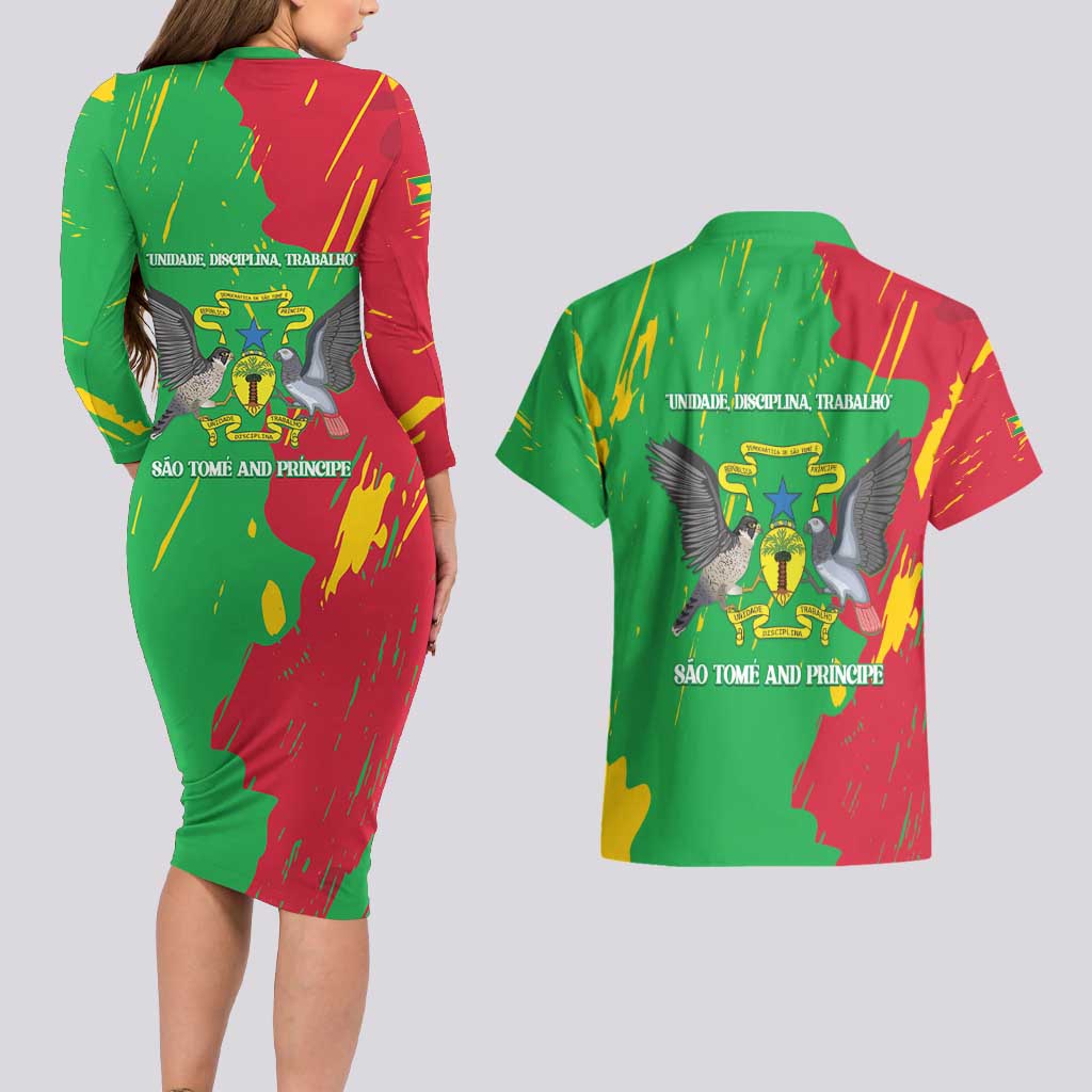 Sao Tome and Principe Independence Day Couples Matching Long Sleeve Bodycon Dress and Hawaiian Shirt 50 Anos Independencia