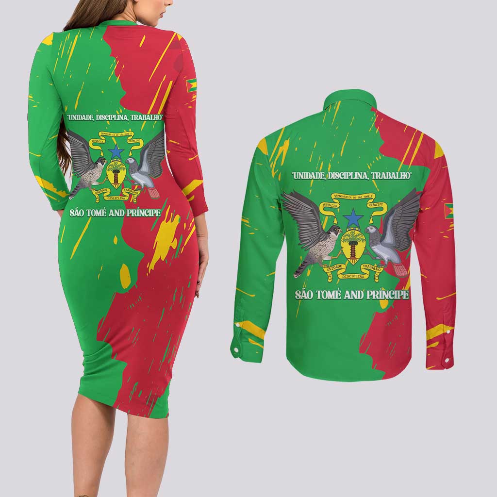 Sao Tome and Principe Independence Day Couples Matching Long Sleeve Bodycon Dress and Long Sleeve Button Shirt 50 Anos Independencia