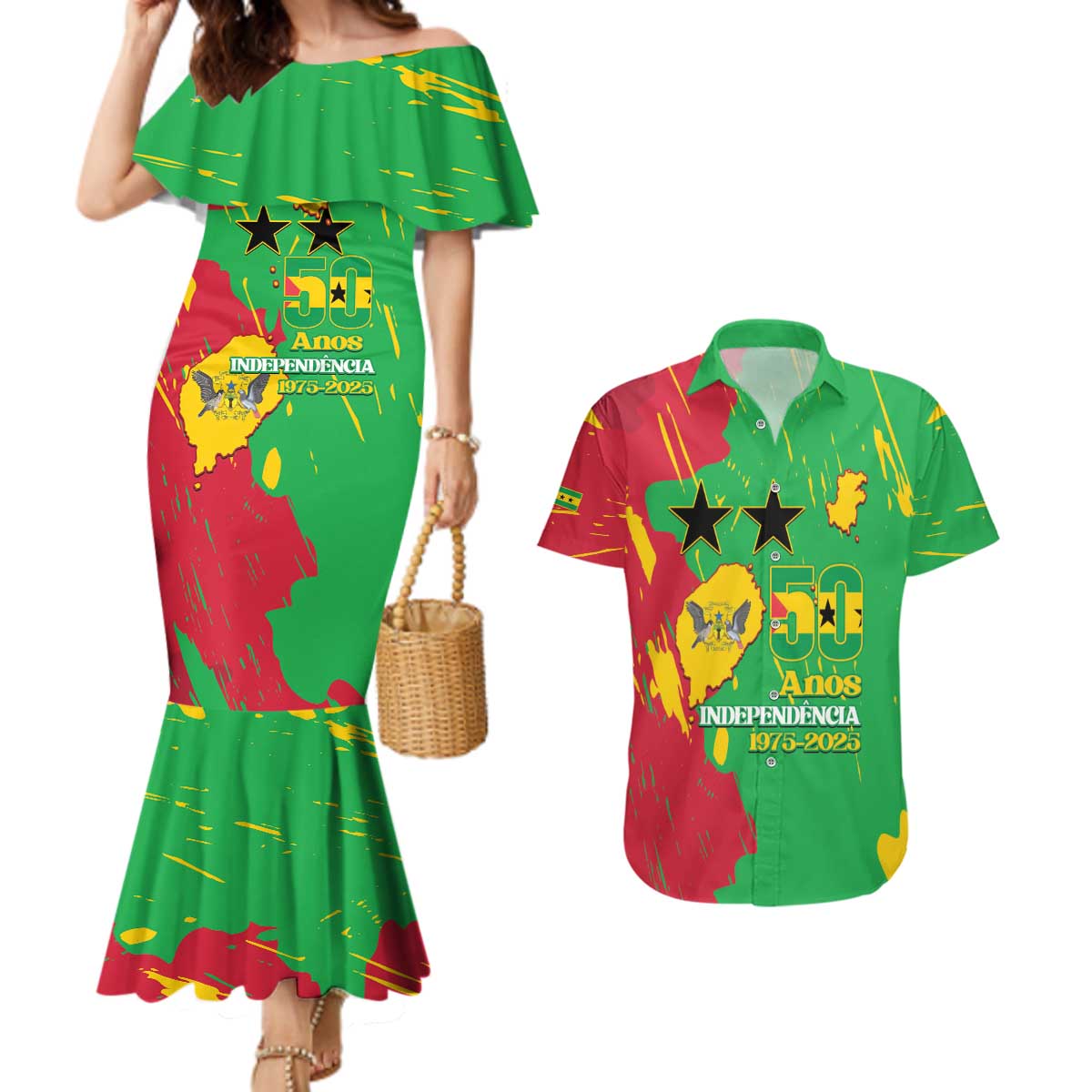 Sao Tome and Principe Independence Day Couples Matching Mermaid Dress and Hawaiian Shirt 50 Anos Independencia