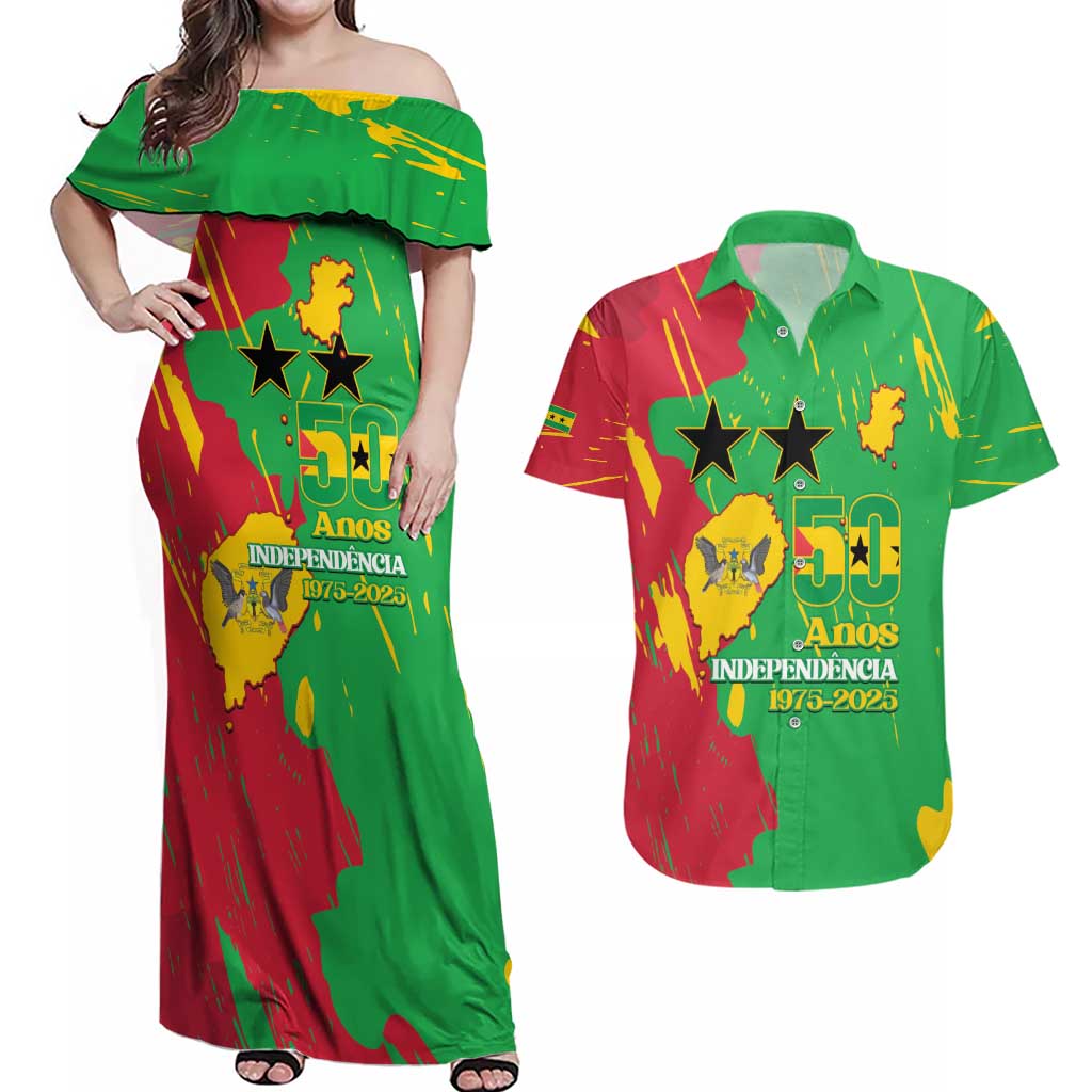 Sao Tome and Principe Independence Day Couples Matching Off Shoulder Maxi Dress and Hawaiian Shirt 50 Anos Independencia