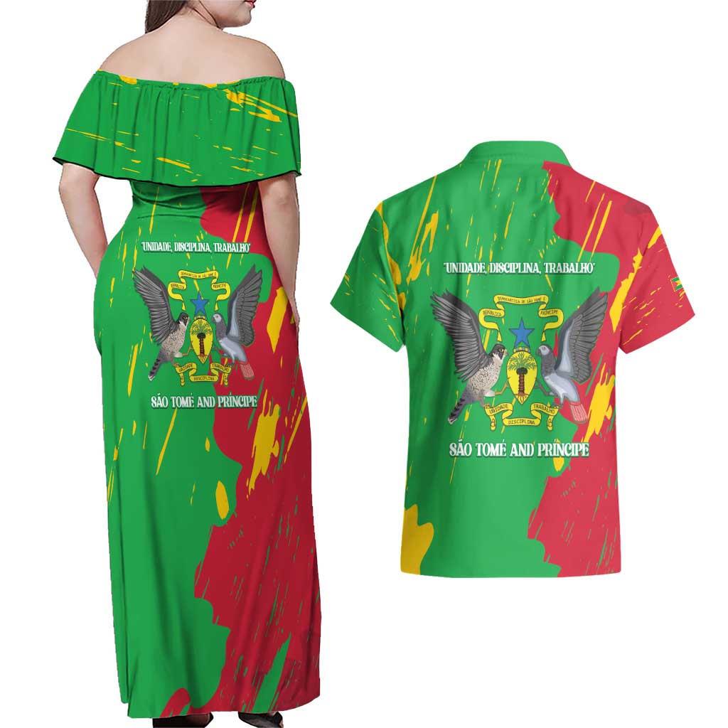 Sao Tome and Principe Independence Day Couples Matching Off Shoulder Maxi Dress and Hawaiian Shirt 50 Anos Independencia