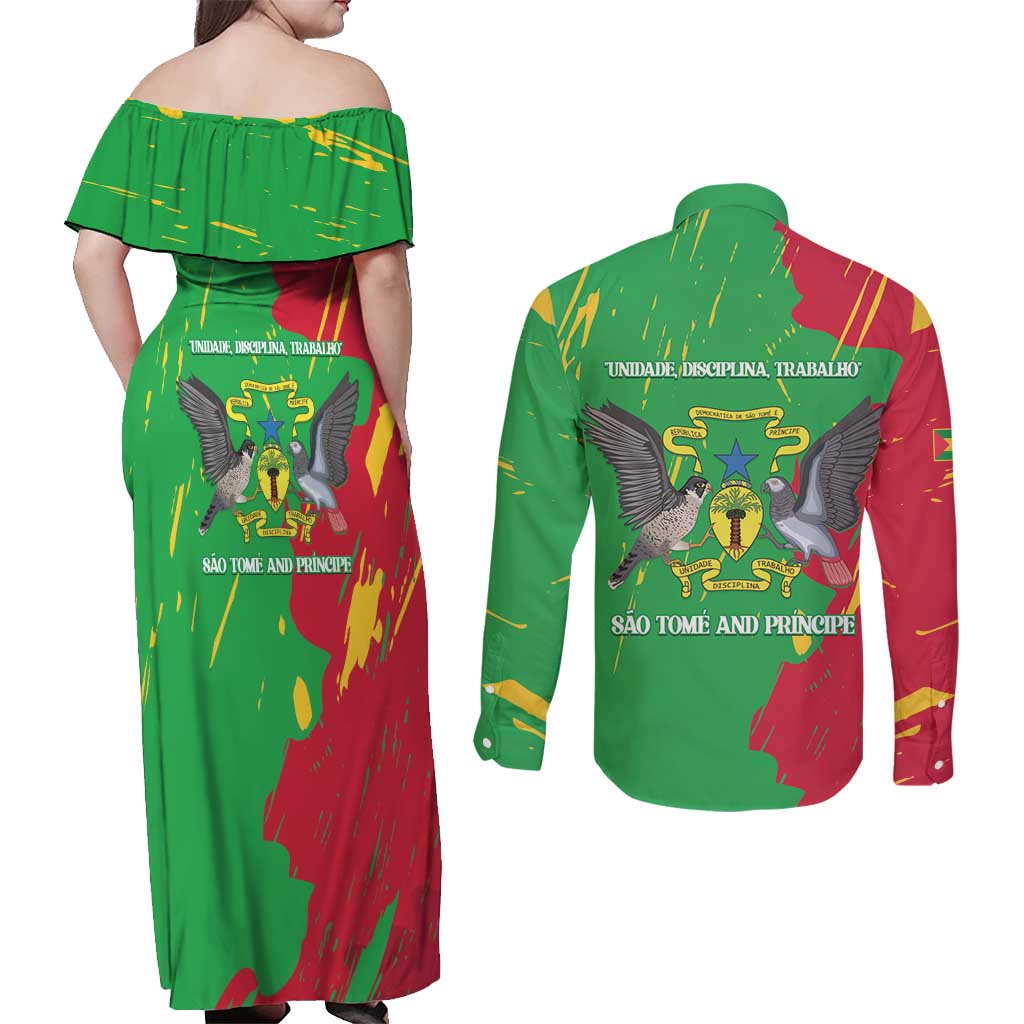 Sao Tome and Principe Independence Day Couples Matching Off Shoulder Maxi Dress and Long Sleeve Button Shirt 50 Anos Independencia