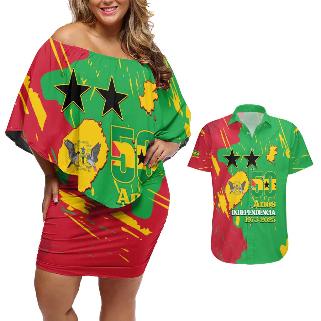 Sao Tome and Principe Independence Day Couples Matching Off Shoulder Short Dress and Hawaiian Shirt 50 Anos Independencia
