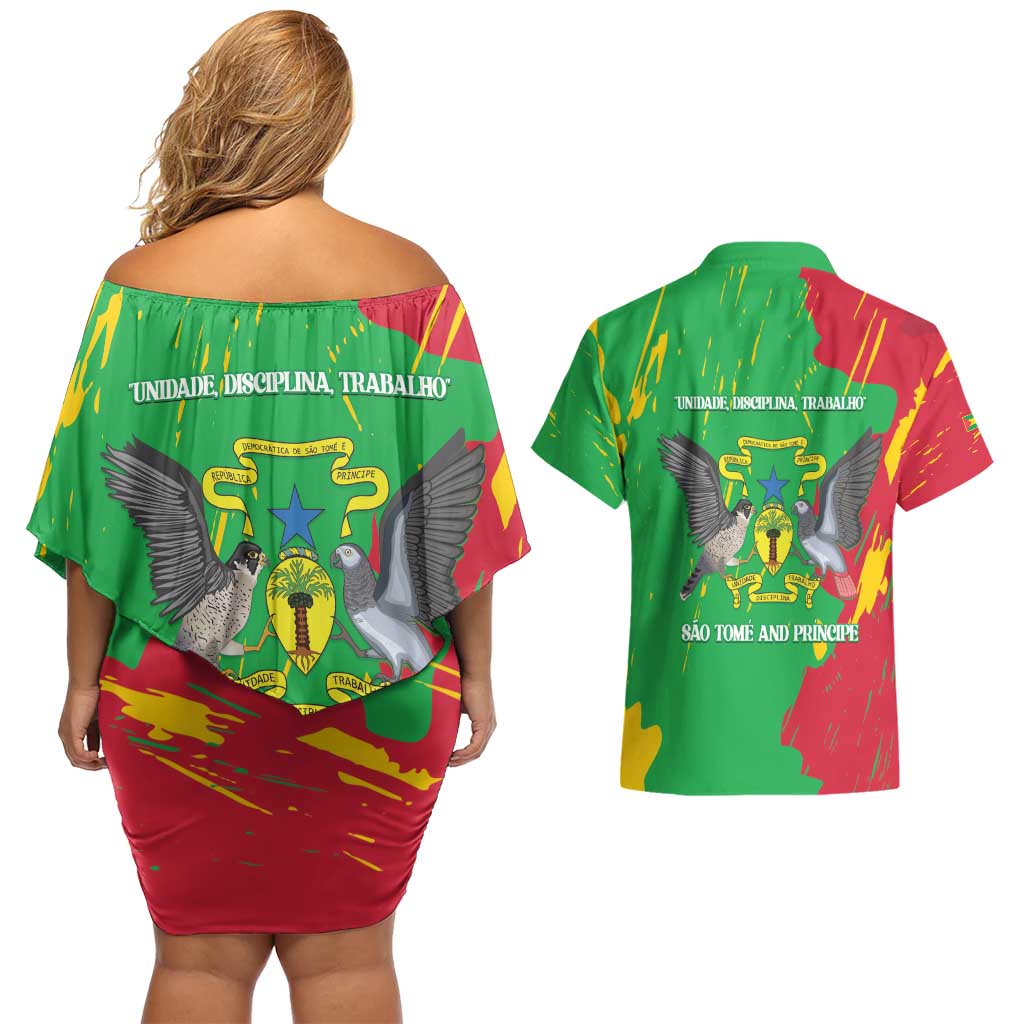 Sao Tome and Principe Independence Day Couples Matching Off Shoulder Short Dress and Hawaiian Shirt 50 Anos Independencia