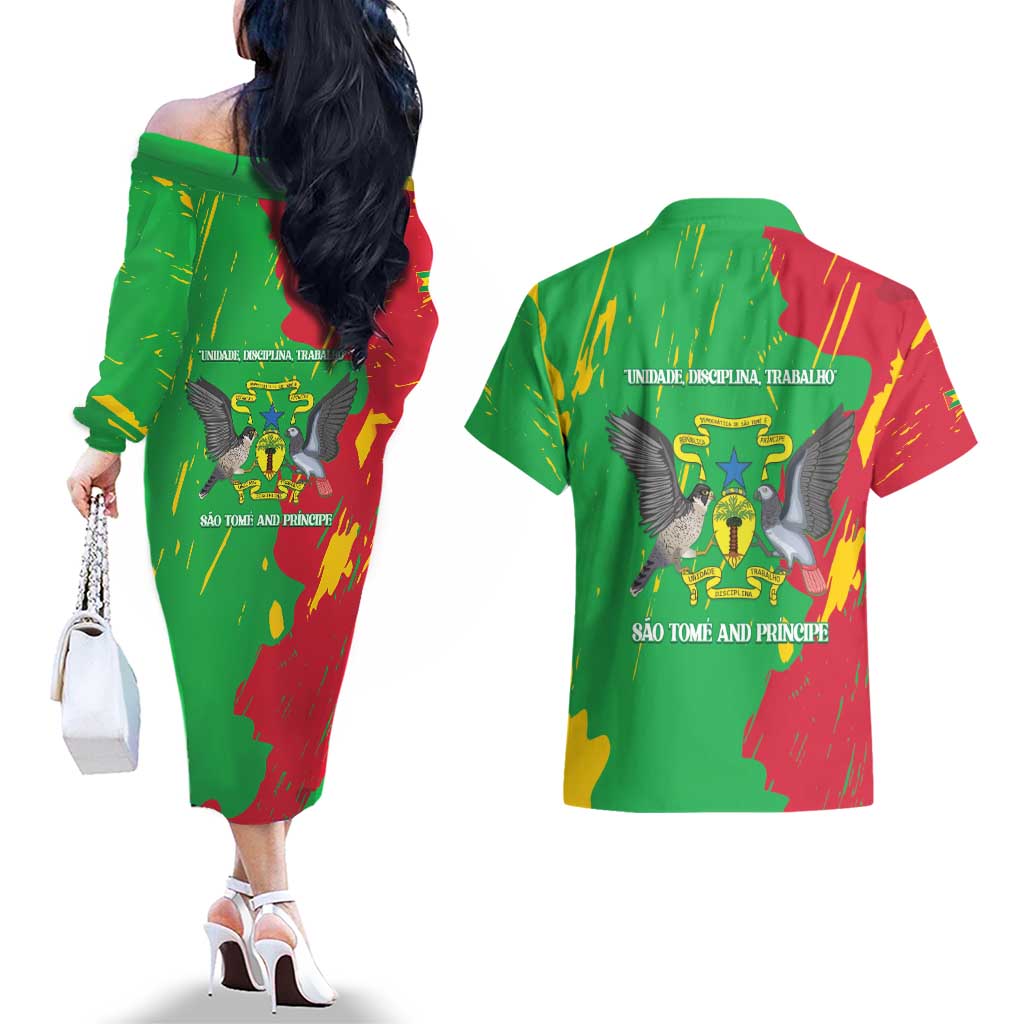 Sao Tome and Principe Independence Day Couples Matching Off The Shoulder Long Sleeve Dress and Hawaiian Shirt 50 Anos Independencia
