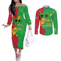 Sao Tome and Principe Independence Day Couples Matching Off The Shoulder Long Sleeve Dress and Long Sleeve Button Shirt 50 Anos Independencia