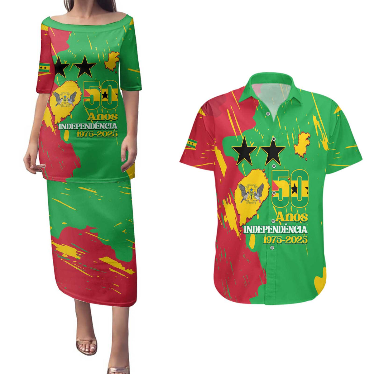 Sao Tome and Principe Independence Day Couples Matching Puletasi and Hawaiian Shirt 50 Anos Independencia