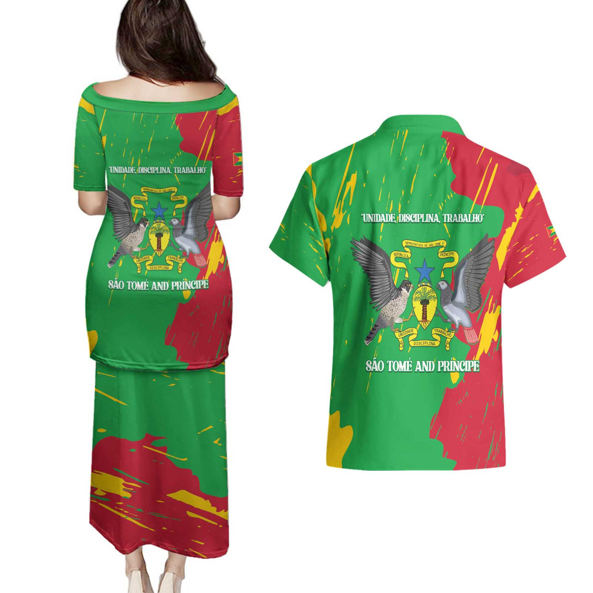Sao Tome and Principe Independence Day Couples Matching Puletasi and Hawaiian Shirt 50 Anos Independencia
