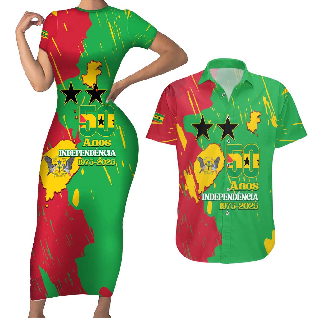 Sao Tome and Principe Independence Day Couples Matching Short Sleeve Bodycon Dress and Hawaiian Shirt 50 Anos Independencia