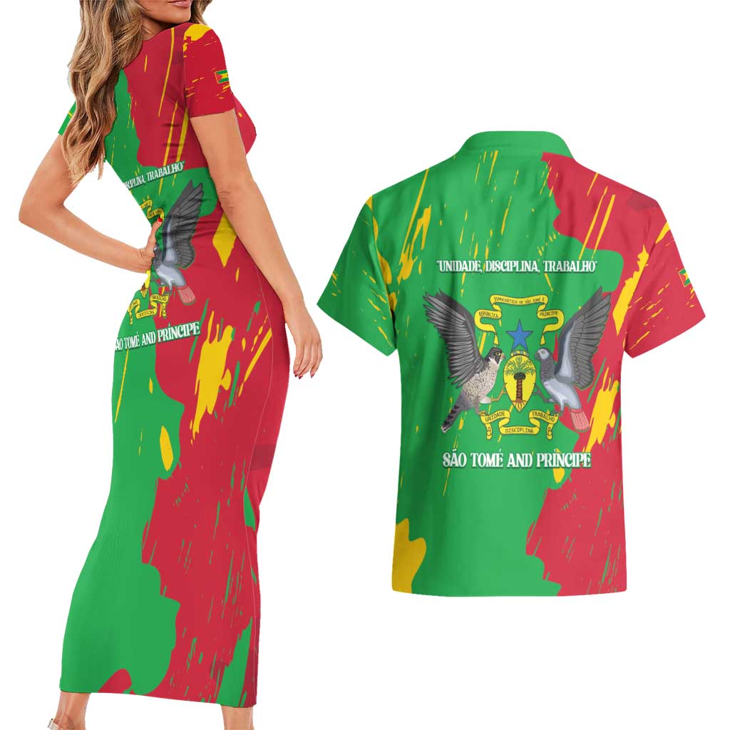 Sao Tome and Principe Independence Day Couples Matching Short Sleeve Bodycon Dress and Hawaiian Shirt 50 Anos Independencia