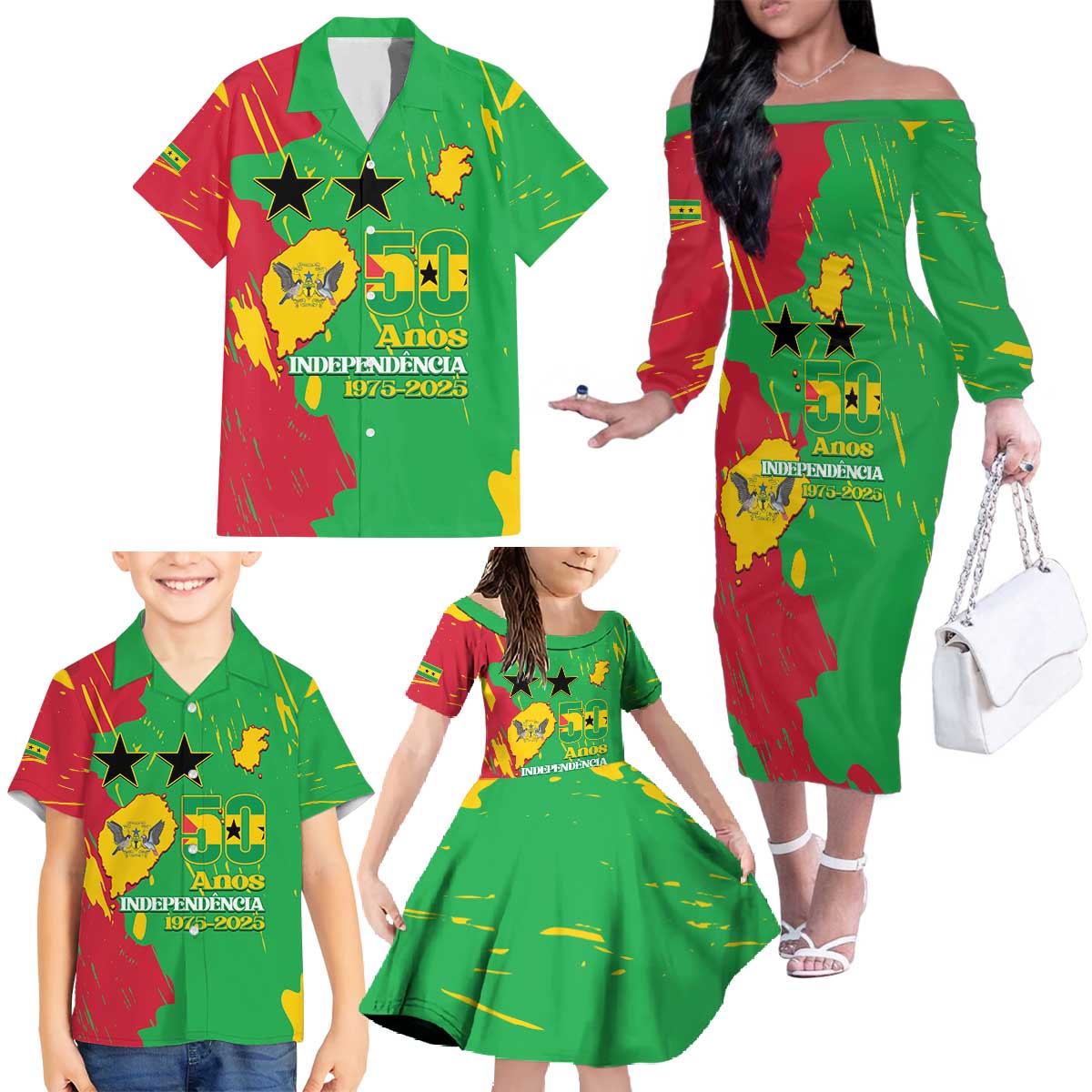 Sao Tome and Principe Independence Day Family Matching Off The Shoulder Long Sleeve Dress and Hawaiian Shirt 50 Anos Independencia