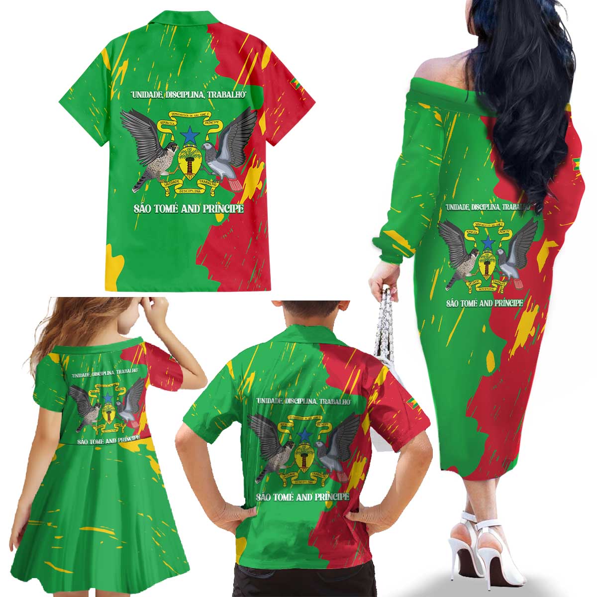 Sao Tome and Principe Independence Day Family Matching Off The Shoulder Long Sleeve Dress and Hawaiian Shirt 50 Anos Independencia