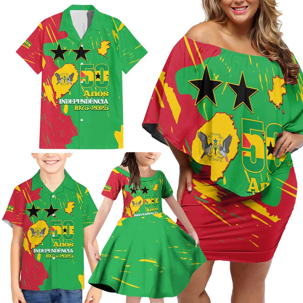 Sao Tome and Principe Independence Day Family Matching Off Shoulder Short Dress and Hawaiian Shirt 50 Anos Independencia